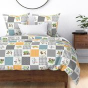 Young Forest Adventure Quilt Top – Woodland Animals Blanket Bedding (grays, pond, saffron) ROTATED design B