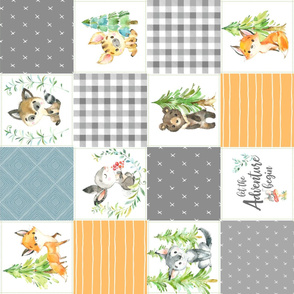 Young Forest Adventure Quilt Top – Woodland Animals Blanket Bedding (grays, pond, saffron) ROTATED design B