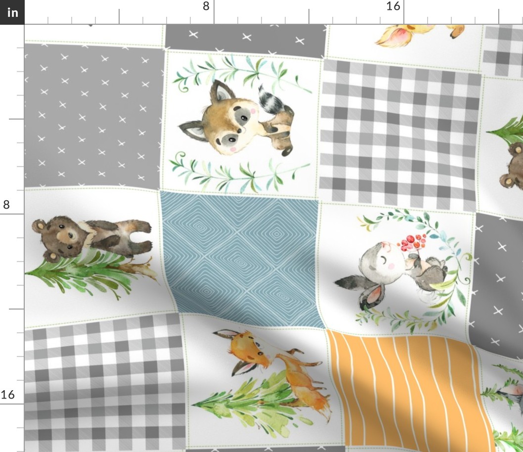 Young Forest Adventure Quilt Top – Woodland Animals Blanket Bedding (grays, pond, saffron) ROTATED design B