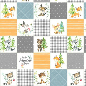 3 1/2" Young Forest Adventure Quilt Top – Woodland Animals Blanket Bedding (grays, pond, saffron) design B