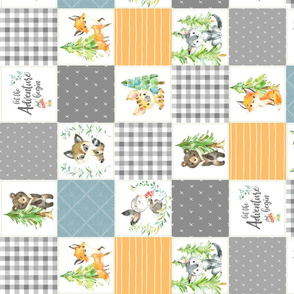 3 1/2" Young Forest Adventure Quilt Top – Woodland Animals Blanket Bedding (grays, pond, saffron) ROTATED design B