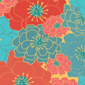 Soft Blooms-Floral Chintz-Bright Coral and Teal-Spring Bright Palette-XL Scale