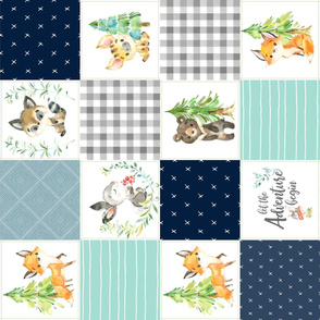 Young Forest Adventure Boys Quilt Top – Woodland Animals Nursery Blanket Bedding (grays, navy, mint, pond) ROTATED design C