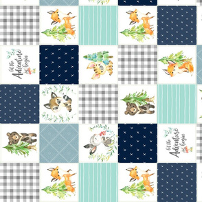 3 1/2" Young Forest Adventure Boys Quilt Top – Woodland Animals Nursery Blanket Bedding (grays, navy, mint, pond) ROTATED design C