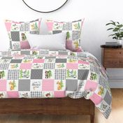 Young Forest Adventure Girls Quilt Top – Woodland Animals Blanket Bedding (grays, pink) design D