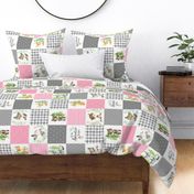Young Forest Adventure Girls Quilt Top – Woodland Animals Blanket Bedding (grays, pink) ROTATED design D