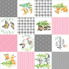 Young Forest Adventure Girls Quilt Top – Woodland Animals Blanket Bedding (grays, pink) ROTATED design D