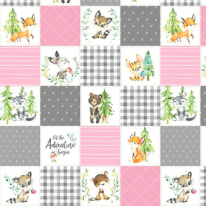 3 1/2" Young Forest Adventure Girls Quilt Top – Woodland Animals Blanket Bedding (grays, pink) design D