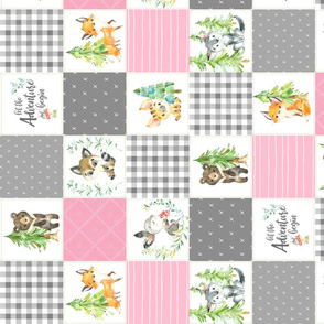 3 1/2" Young Forest Adventure Girls Quilt Top – Woodland Animals Blanket Bedding (grays, pink) ROTATED design D