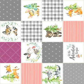 Young Forest Adventure Girls Quilt Top – Woodland Animals Nursery Blanket Bedding (grays, peach, raspberry) ROTATED design E