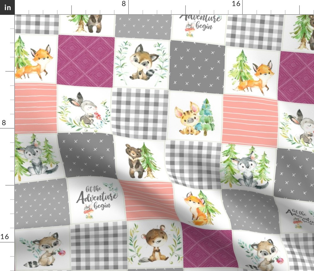 3 1/2" Young Forest Adventure Girls Quilt Top – Woodland Animals Nursery Blanket Bedding (grays, peach, raspberry) design E