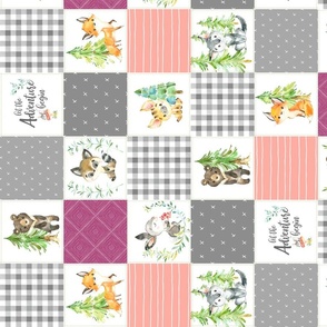 3 1/2" Young Forest Adventure Girls Quilt Top – Woodland Animals Nursery Blanket Bedding (grays, peach, raspberry) ROTATED design E