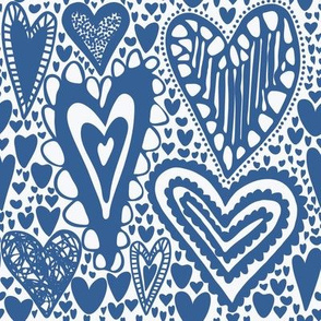 Hand Drawn Blue Hearts in a Quirky Love Filled Pattern - 8x8