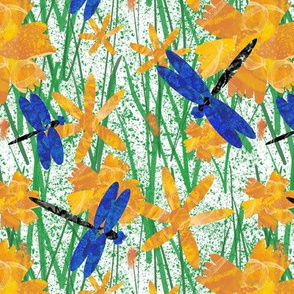 Dragonflies and flowers splatter small on white
