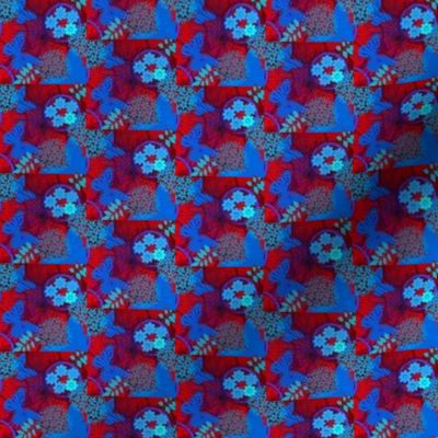 Red and Blue with flowers and butterflies.