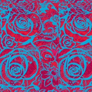 Blue Roses on Red.