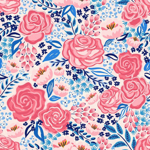 chintz roses/coral blue/medium