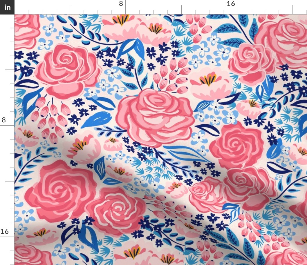 chintz roses/coral blue/medium