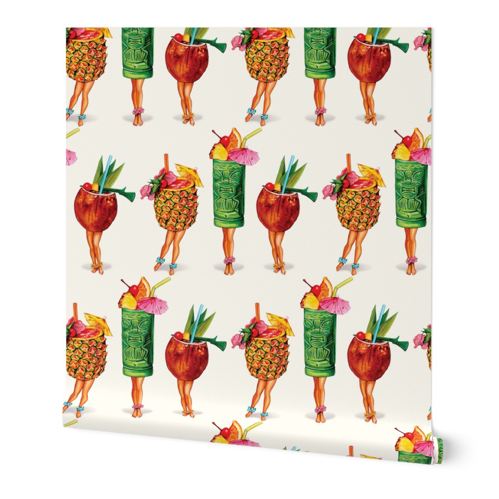 Tiki Cocktail Pin-Ups - Cream Wallpaper | Spoonflower