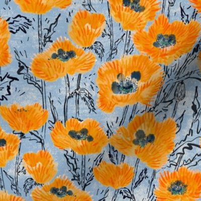 Oriental Ruffled Orange Poppies (denim) 12"