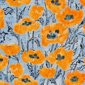 Oriental Ruffled Orange Poppies (denim) 12"