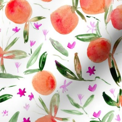 Large scale tangerine bloom ★ watercolor citrus fruits with flowers for modern home decor, kitchen, bedding, nursery