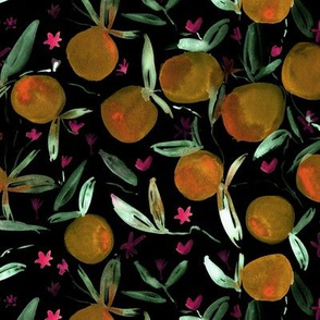 Midnight tangerine bloom ★ painted citrus fruits on black for modern kitchen, home decor