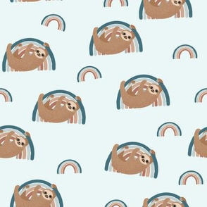 rainbow sloth fabric - baby nursery fabric, baby swaddle fabric, muted nursery fabric, rainbow nursery - light blue