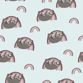 rainbow sloth fabric - baby nursery fabric, baby swaddle fabric, muted nursery fabric, rainbow nursery - light blue