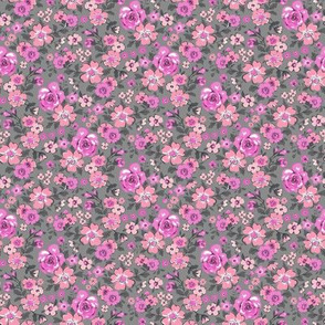 Ditsy Flowers Floral Pink on Grey Tiny Small