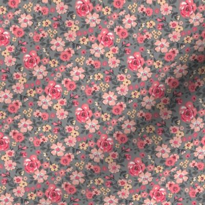 Ditsy Flowers Floral Red Peach on Grey Tiny Small