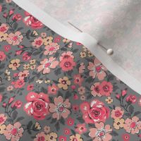 Ditsy Flowers Floral Red Peach on Grey Tiny Small