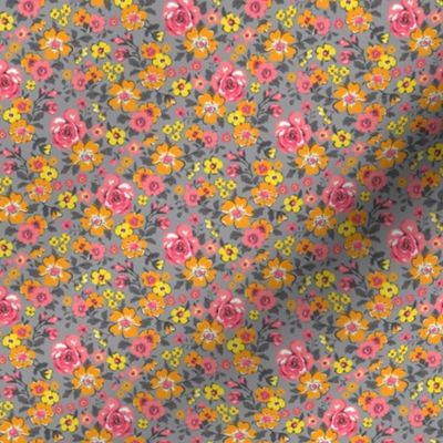 Ditsy Flowers Floral Red Pink Orange Yellow on Grey Tiny Small