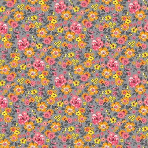 Ditsy Flowers Floral Red Pink Orange Yellow on Grey Tiny Small