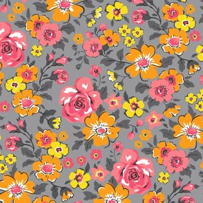Ditsy Flowers Floral Red Pink Orange Yellow on Grey
