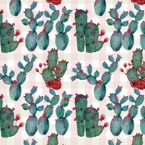 Prickly Pear Rumba – Cacti/Flowers on Pink/Tan Plaid 