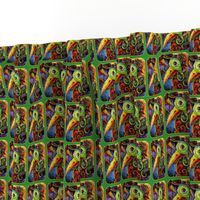  Exotic Expressionist Toucan  Painting in Orange - Yellow - Purple - Green - Basic Layout with 4 inch wide fabric  motif and 6 inch wide wallpaper motif