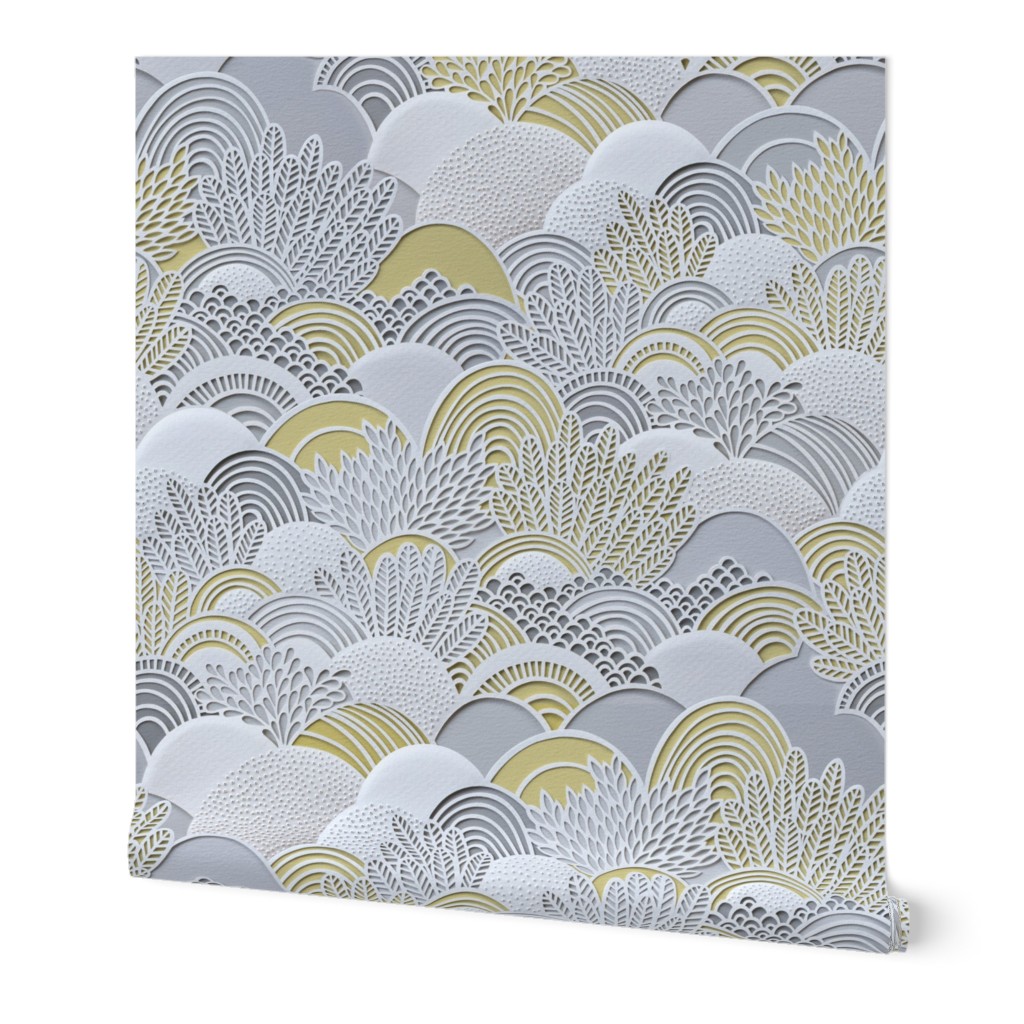 Paper Garden Large- Floral Faux Texture- Paper Cut Napkins- Yellow and Gray Home Decor- Jumbo Scale Botanical Wallpaper