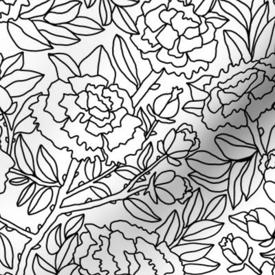 Peonies - Black and White Line Drawing