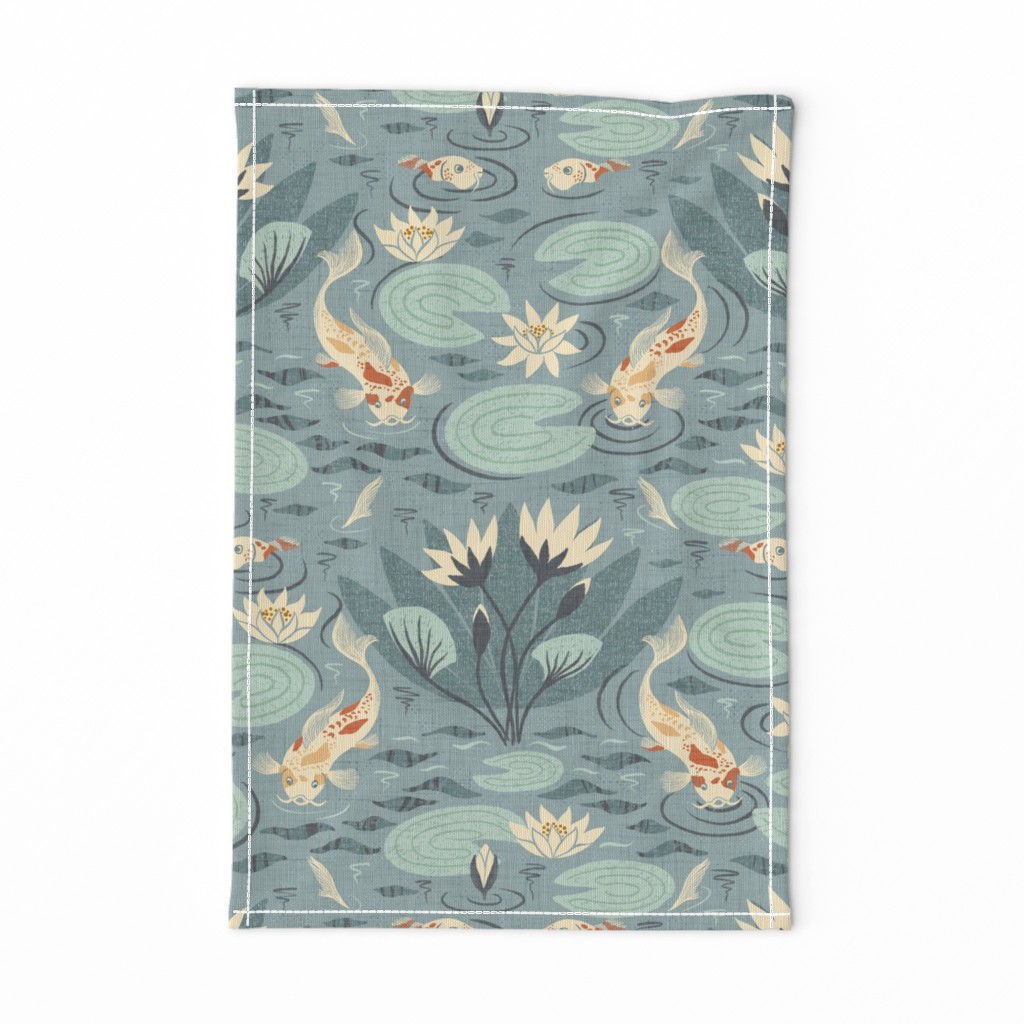 Water lilies and koi fish damask canvas textured wallpaper for hallway - large scale