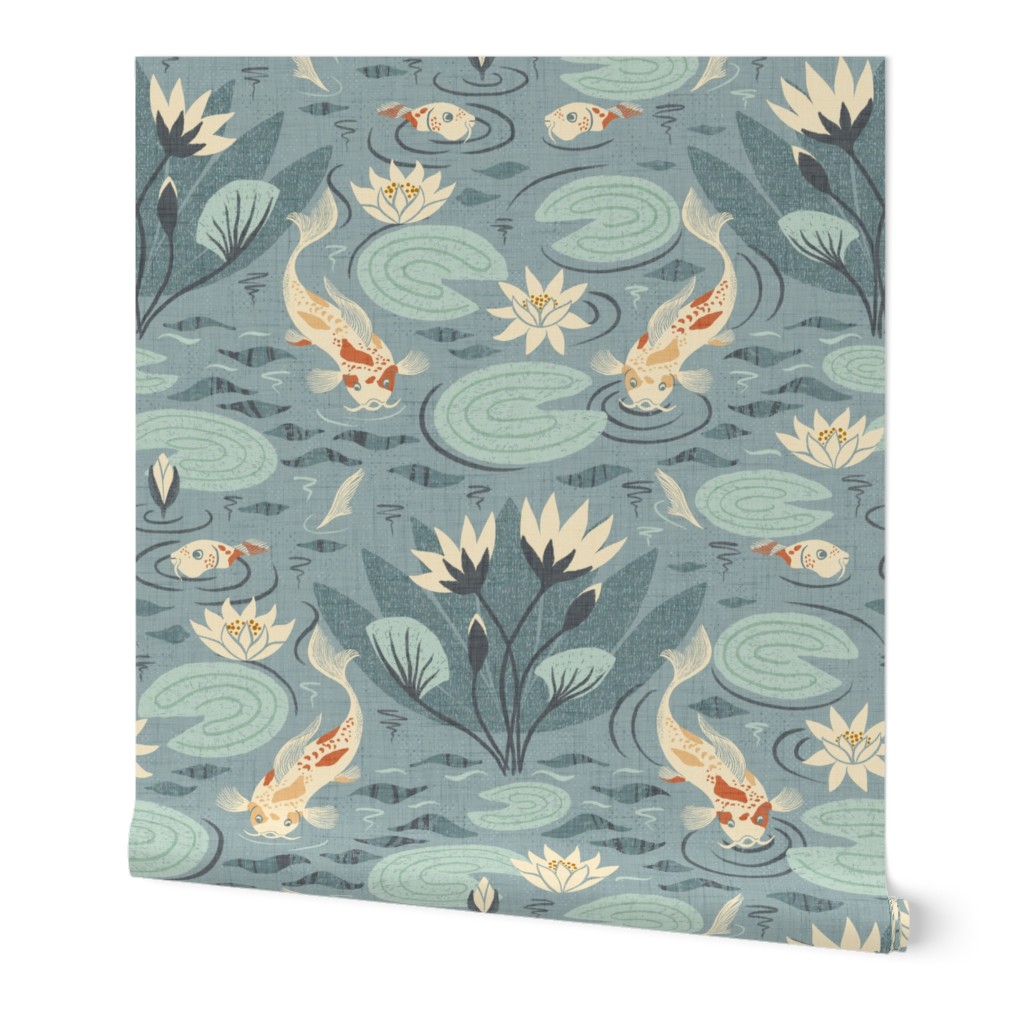 Water lilies and koi fish damask canvas textured wallpaper for hallway - large scale