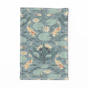 Water lilies and koi fish damask canvas textured wallpaper for hallway - large scale