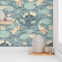 Water lilies and koi fish damask canvas textured wallpaper for hallway - large scale