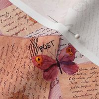 Paper with hand written notes, butterflies and postal stamps