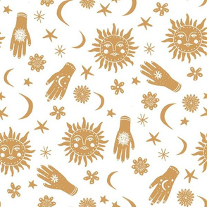 celestial sun moon stars print - hand fabric, stars fabric, nursery fabric - mustard