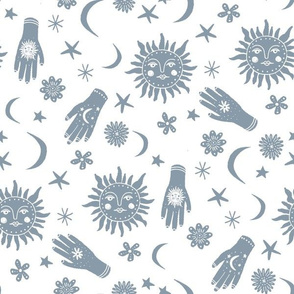 celestial sun moon stars print - hand fabric, stars fabric, nursery fabric - dusty blue