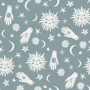 celestial sun moon stars print - hand fabric, stars fabric, nursery fabric - dusty blue