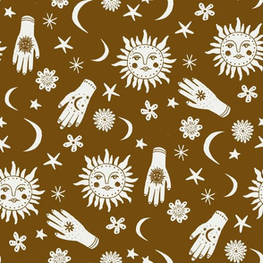 celestial sun moon stars print - hand fabric, stars fabric, nursery fabric - brown