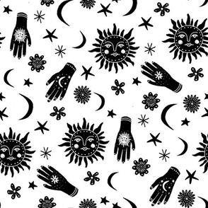 celestial sun moon stars print - hand fabric, stars fabric, nursery fabric - white