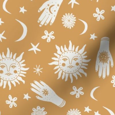 celestial sun moon stars print - hand fabric, stars fabric, nursery fabric - dusty yellow